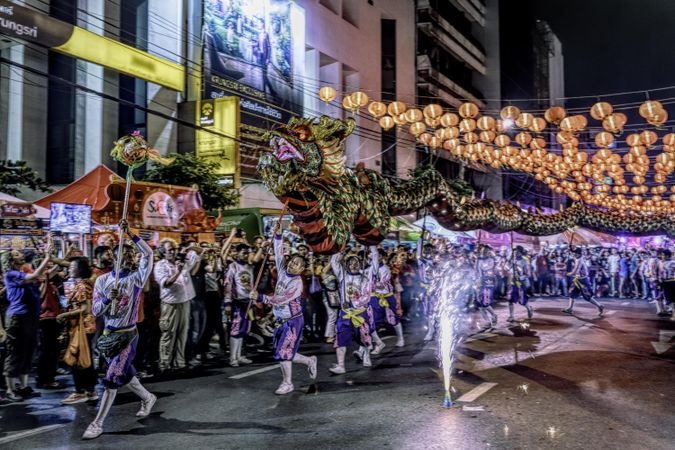 Dragon dance parade during Chinese New Year in Bangkok, Thailand