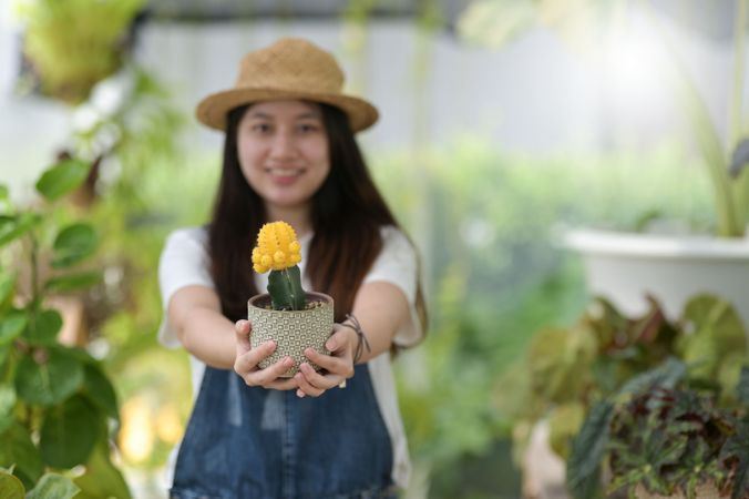 Asian female smiling and holding out a pot with a yellow cactus