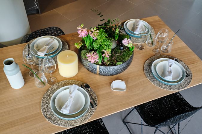 Serving table with pot of plants at home
