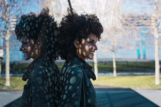 Portrait of black woman with afro hair.