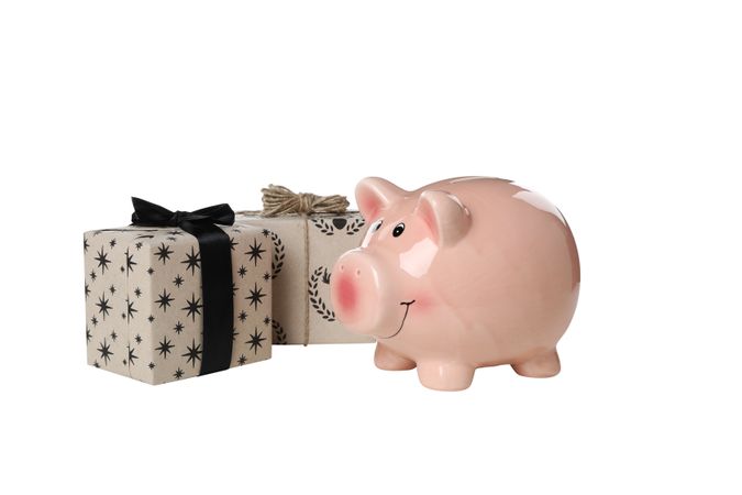 Gift boxes and piggy bank, isolated on light background