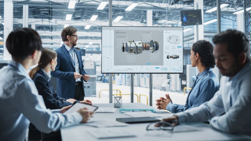 Electronics Factory Office Meeting: Male Project Manager Presenting Innovative Jet Engine On TV.