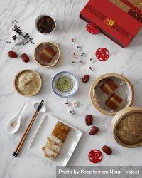 Top view of Chinese New Year cakes and food styling 4dgWd5