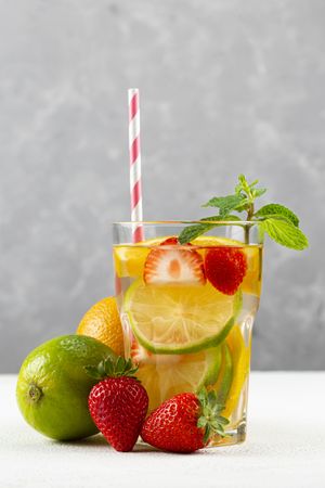 Water flavored with fresh summer fruit.
