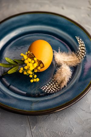 Easter table setting with egg and feather on blue plate