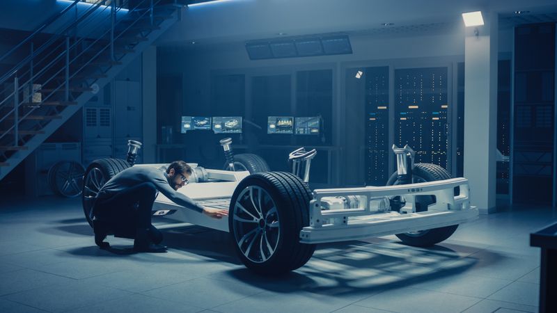 Automobile Engineer Working on Electric Car Platform Chassis Prototype, Using Tablet Computer with 3D CAD Software Modelling.