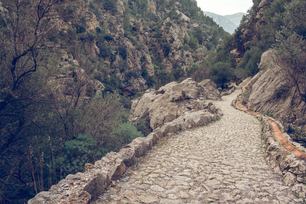 Rocky ravine with empty stone pathway in Mallorca