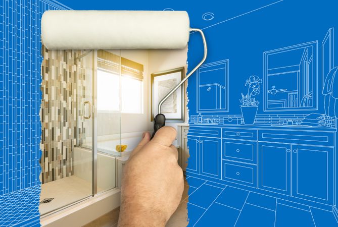 Before and After of Man Painting Roller to Reveal Newly Remodeled Master Bathroom Under Blueprint Drawing Plans.