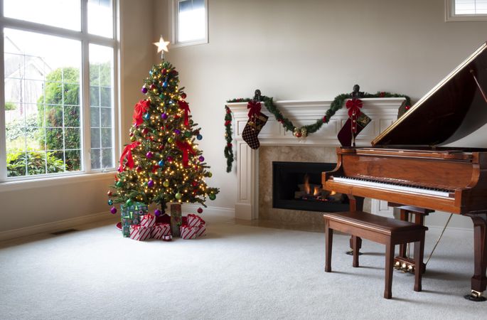 Decorated Christmas tree brightly illuminated with glowing fireplace in home during the day