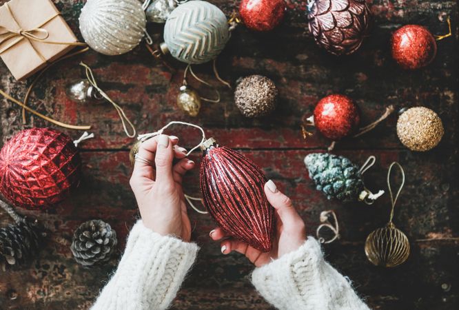 Flat-lay of Christmas festive decoration toys, top view