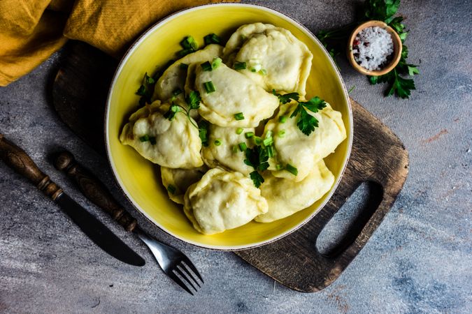 Top view of Ukrainian vareniki with potato