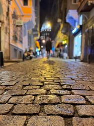 Street view of the Galata Tower by night