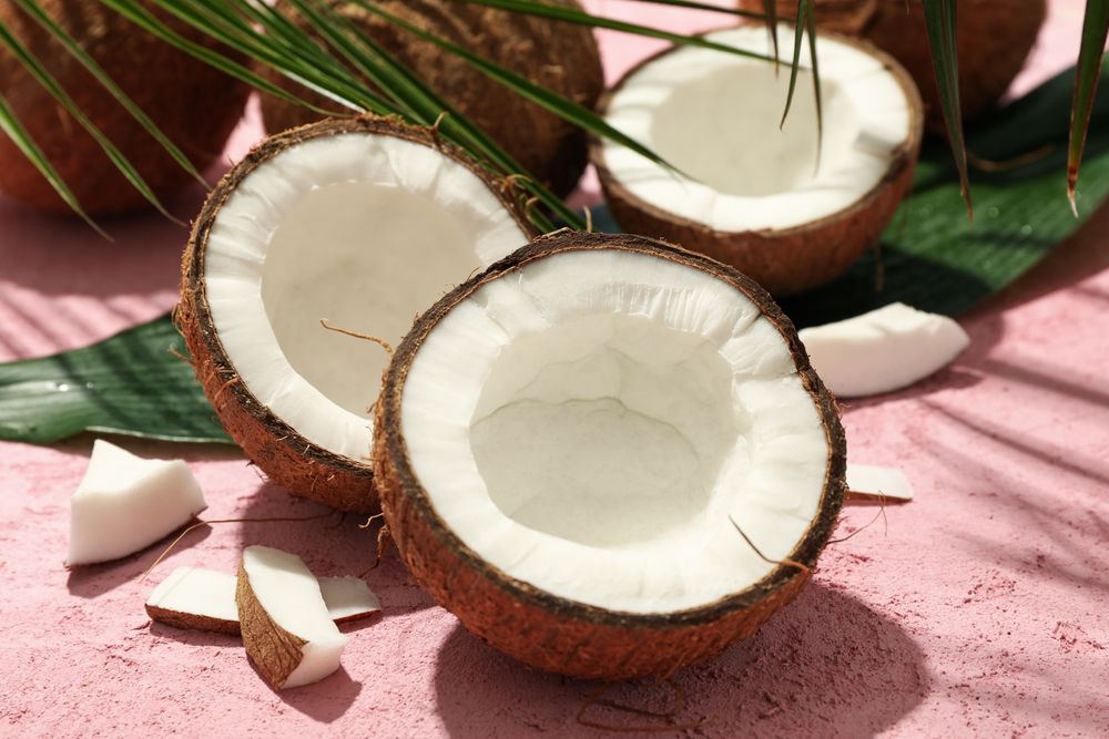 Coconut and palm leaves on pink background, close up