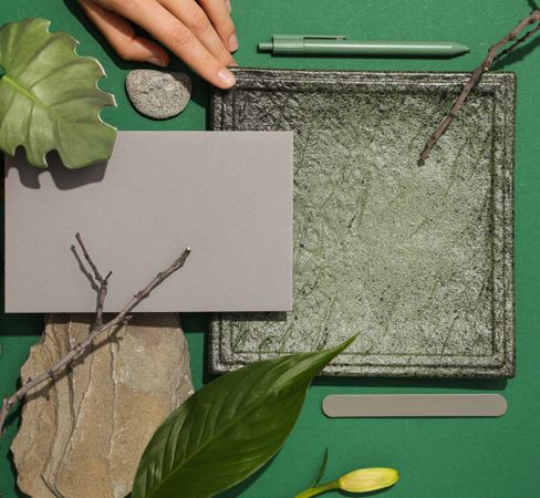 Flat lay of creative moodboard composition, top view