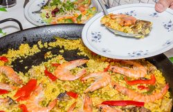Traditional spanish paella cooked in a pan