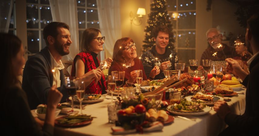Christmas Dinner Together with Parents, Children and Friends at Home.