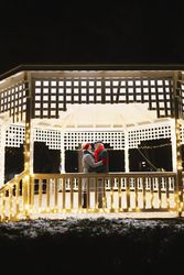 Cute mature couple embracing in a gazebo during winter, vertical