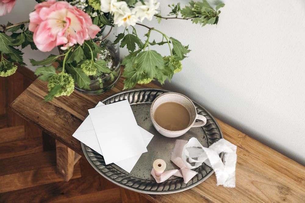 Blank cards on silver tray with cup of tea