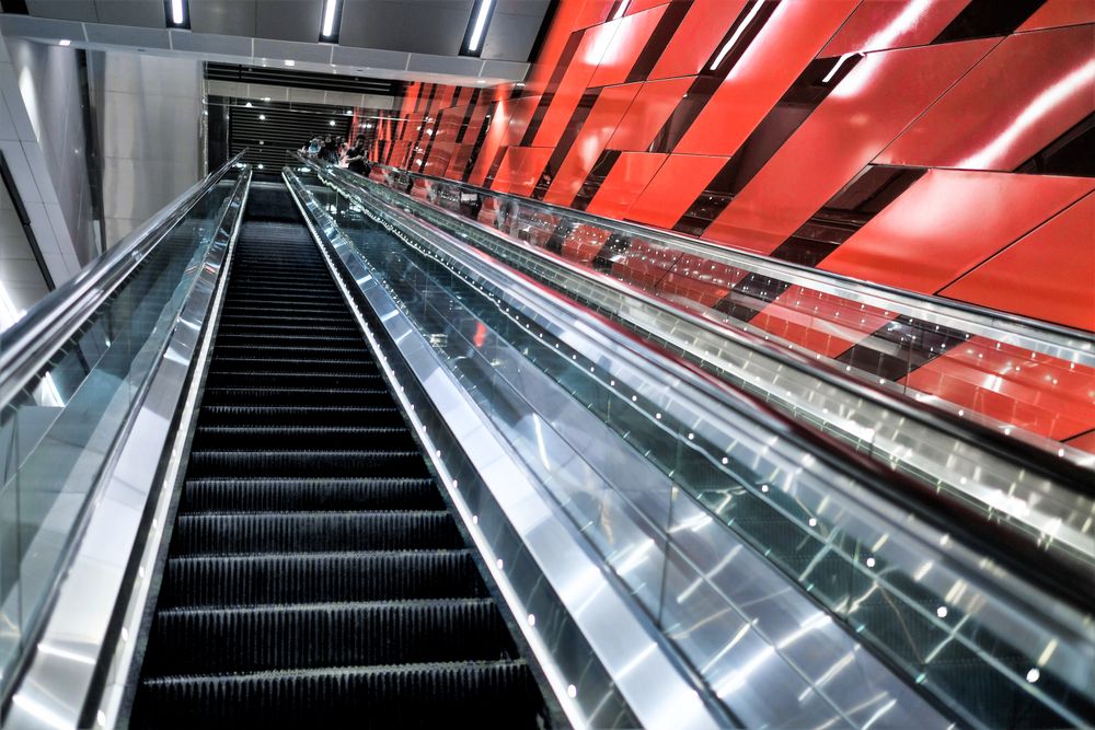 View looking up at escalators