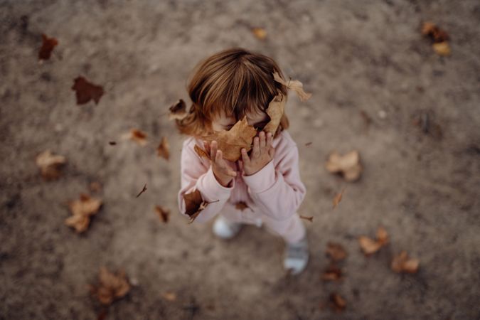 Joyful child scattering leaves on lawn in park