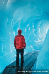 Back view of person in red jacket walking on wooden floor in an iced cave 5pDXy5