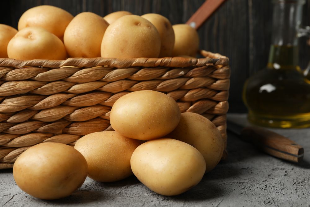 Wicker box of potatoes in dark room, copy space