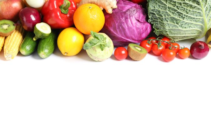 Composition with ripe vegetables and fruits isolated. Healthy food