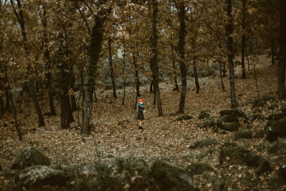 Woman in red fox mask walking in forest