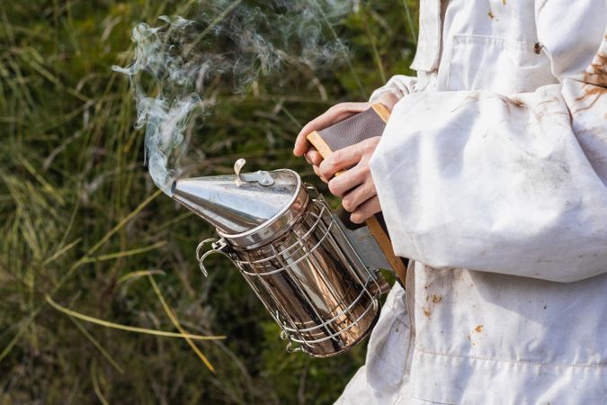 Crop beekeeper with smoker in garden