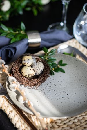 Easter table setting with small bird's nest and pussy willow branch on plate