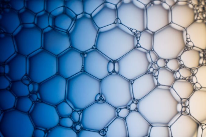 Abstract background bio technology, macro photography foam and water with gradient background. Molecule multicolor backgorund