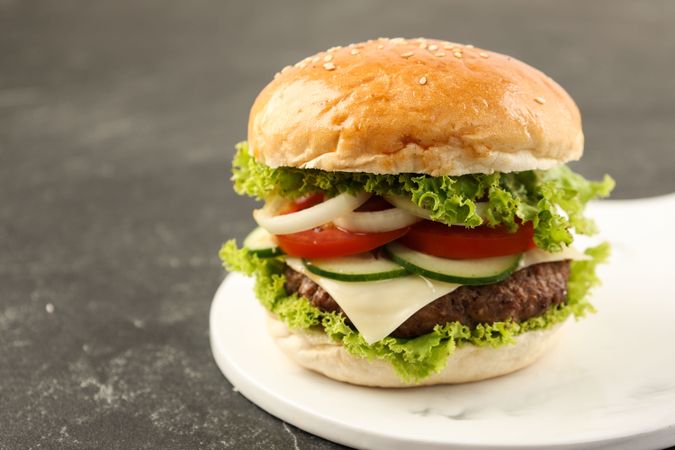 Close Up Homemade Hamburger with Beef Patty on Ceramic Plate