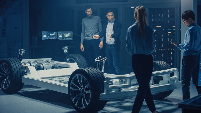 Team of Automotive Engineers Working on Electric Car Chassis Platform, Taking Measures, working with 3D CAD Software