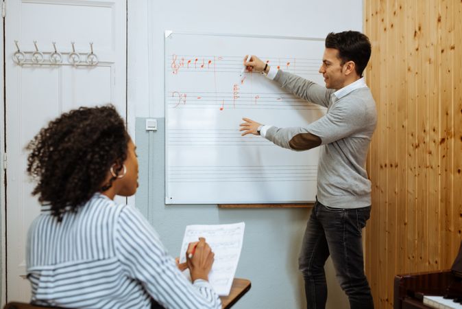 Man teaching woman music notes