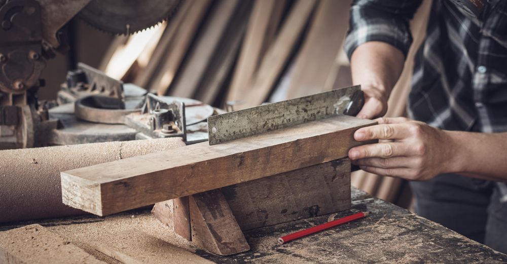Banner of carpenter hand working on woodworking, measuring wood with ruler and pencil