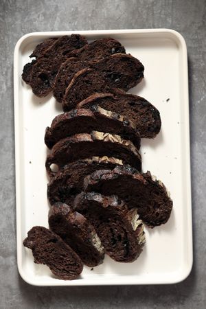 Top View Sliced Sourdough Brownie on Enamel Tray.