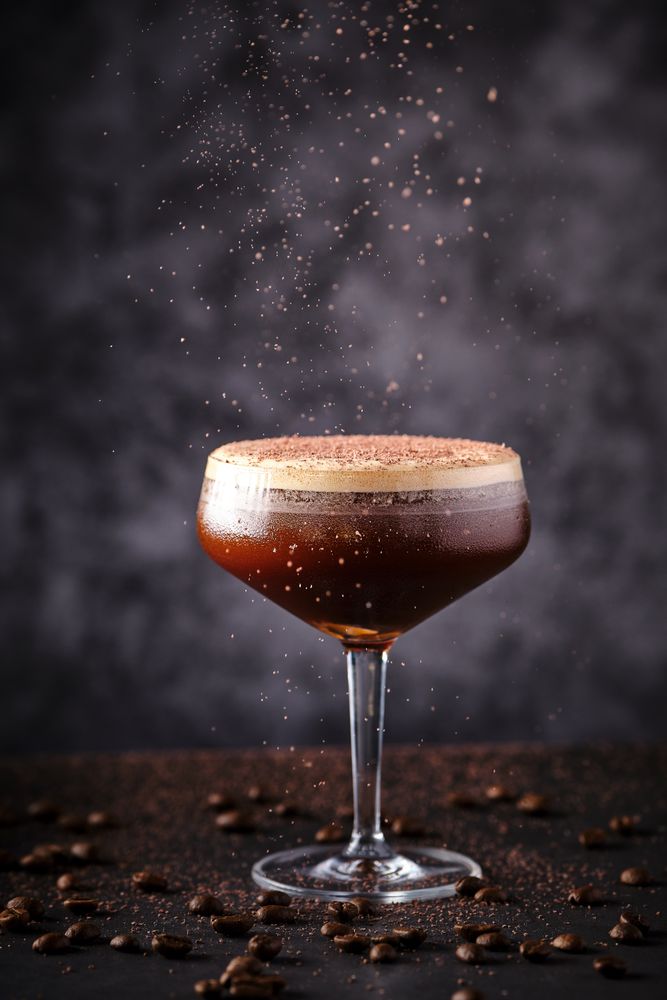 Fresh espresso martini cocktail on table with coffee beans