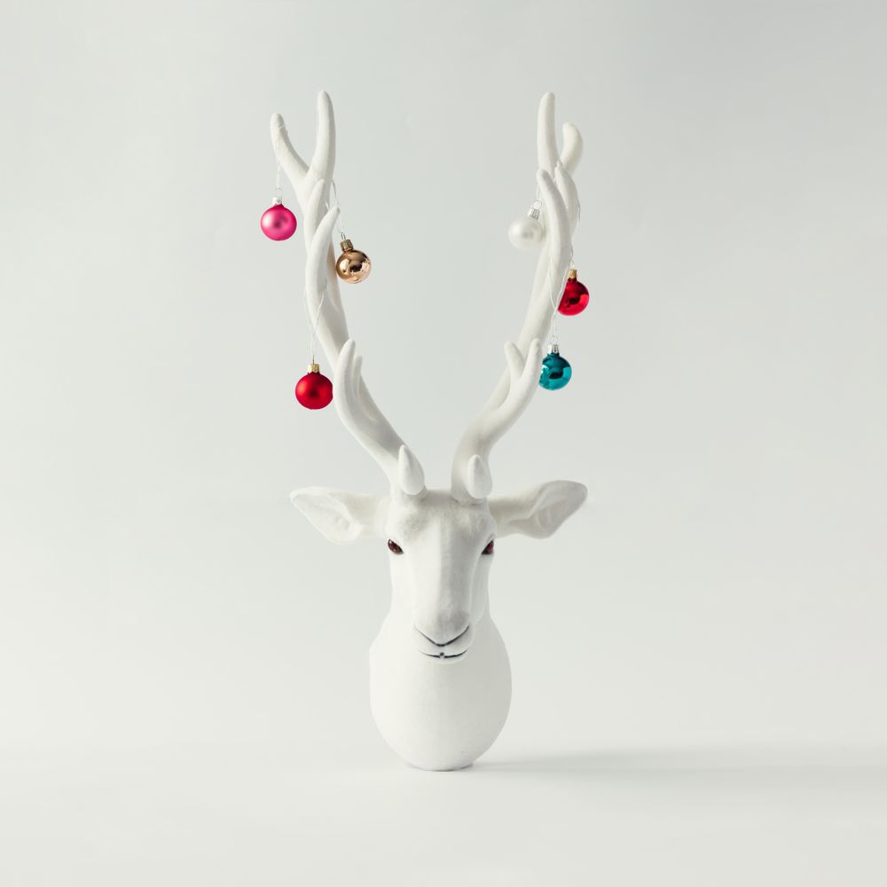 Christmas reindeer head with antlers with baubles
