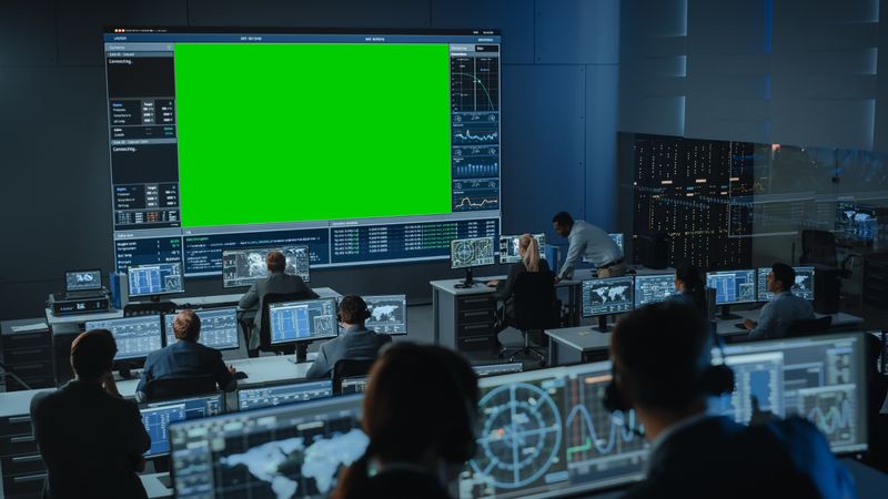 High-tech Command Center With Diverse Team Monitoring Multiple Screens.