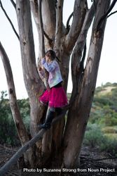 Young girl with pink skirt climbing a tree in an open canyon 0v3ko5