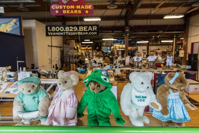 Bears lined up at the Vermont Teddy Bear Company factory in Shelburne, Vermont