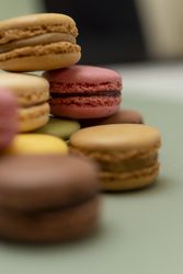 Pile of tasty French macaroon on a green table