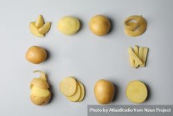 Potatoes cut in different ways in square shape, copy space 5Rg8D4