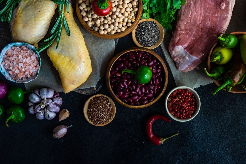 Top view of ingredients on counter for turkey and pork dinner