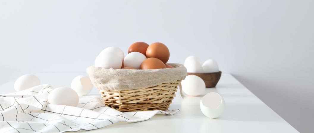 Concept of fresh and natural farm product - eggs, space for text