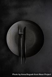 Table setting with dark plate and silverware bxAzLj