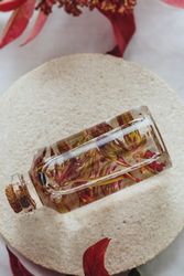 Bottle with fresh plant in liquid between foliage