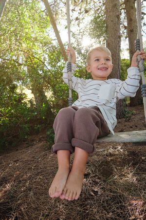 Happy boy on swing in garden