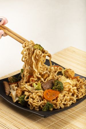 Yakisoba noodles. Yakisoba dish with meat, chicken and vegetables.