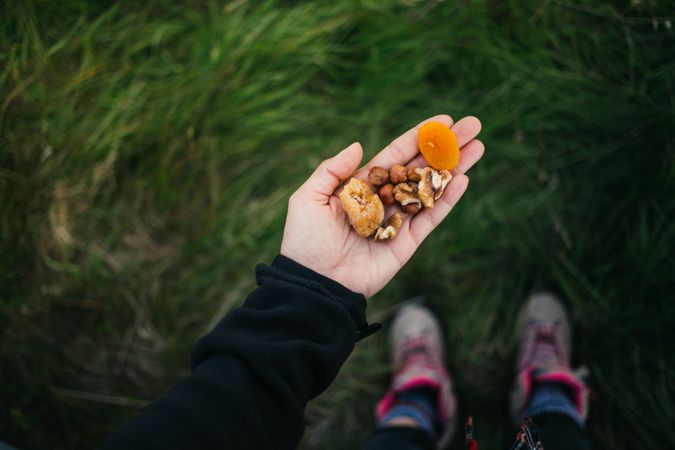 Hand holding trail mix of apricot and nuts